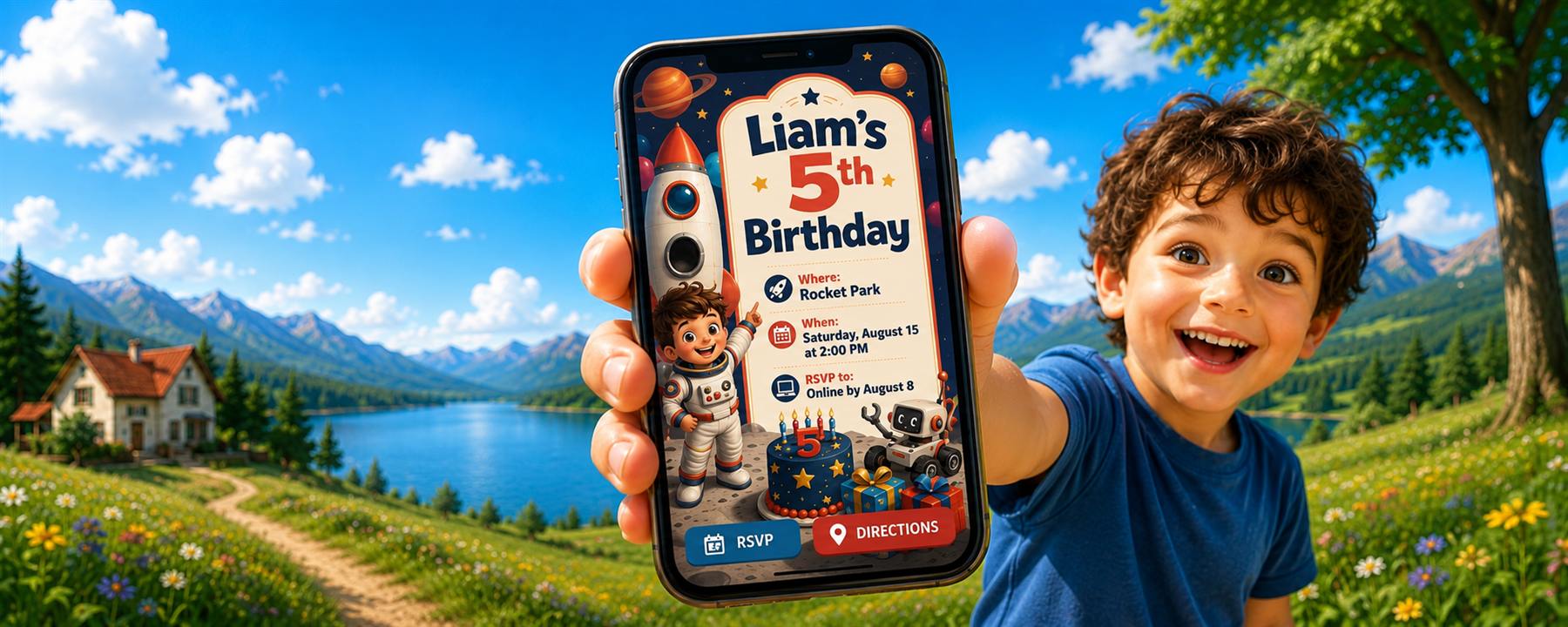 A child holding a phone with a custom space birthday invitation and RSVP buttons