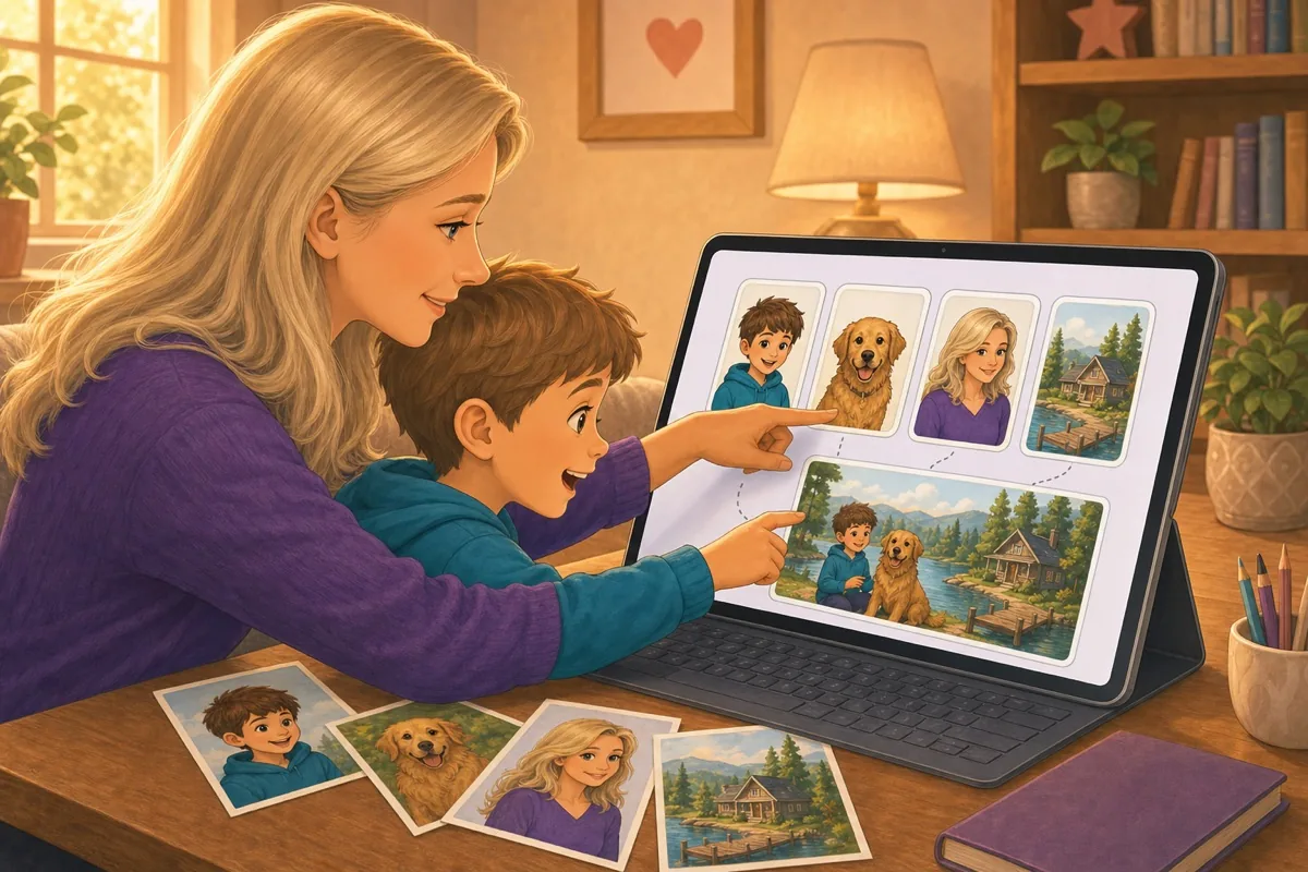 A parent and child choose saved family characters, a pet, and a favorite cottage to reuse in a new Colorverse story