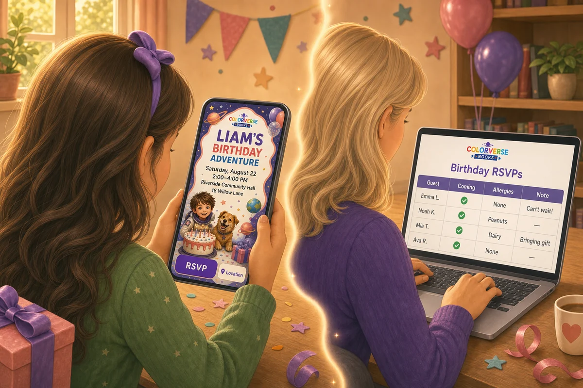 A girl in green holds Liam's detailed Colorverse invitation while Mom reviews guest responses on her laptop