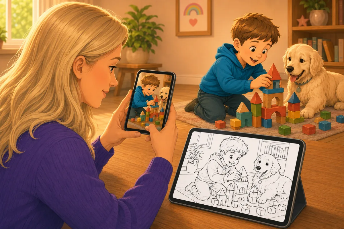 A family photo transformed into a clean Colorverse coloring page
