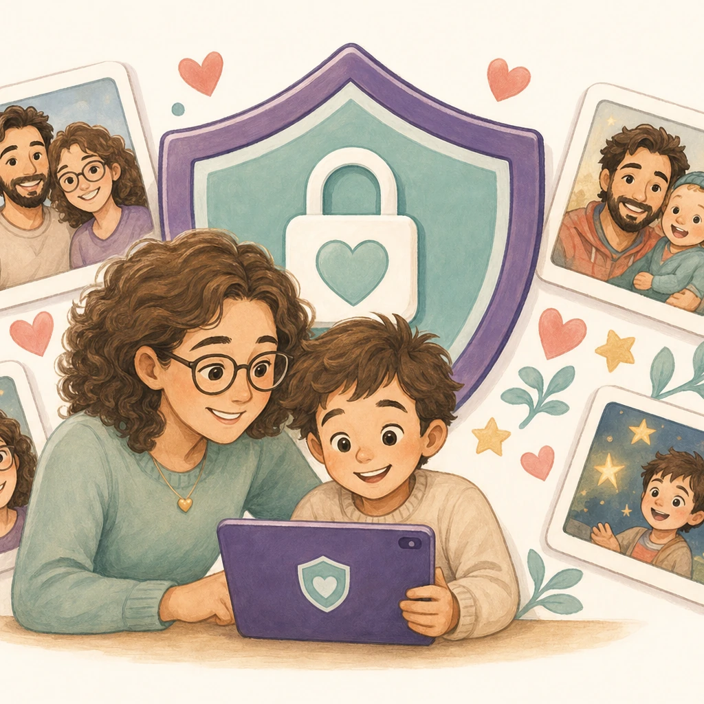 A parent and child reviewing a protected family story together