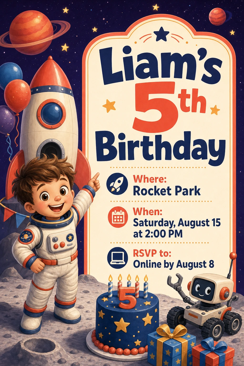 Space-themed invitation for Liam's 5th Birthday with RSVP and directions included
